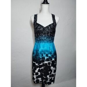 Calvin Klein Sheath Dress Women 6 Blue Black Ombre Abstract Cross Back Career
